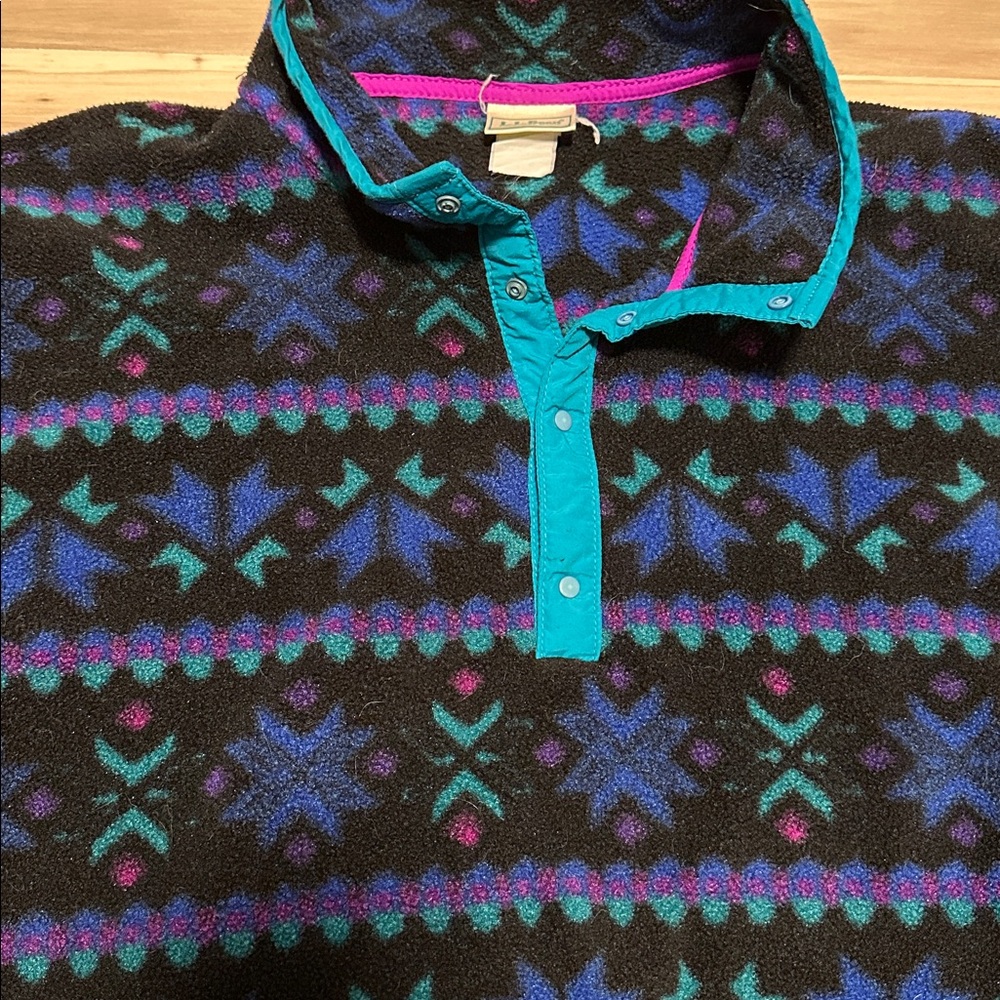 90s LL Bean Fleece Jacket Pullover Neon Snowflake Vintage MADE IN USA Large - Picture 4 of 8
